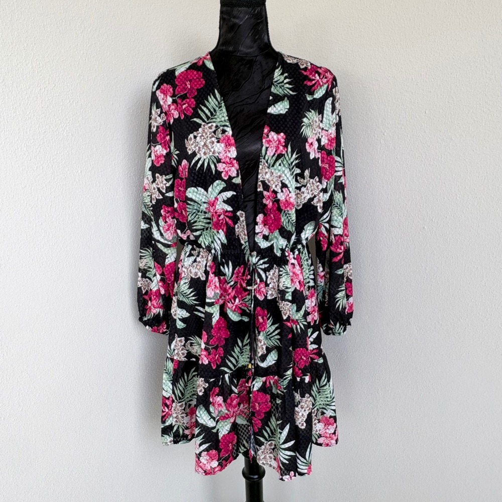 Tommy Bahama Lily Cat Open-Front Floral Tiered Swim Cover-Up Tunic Dress M Black